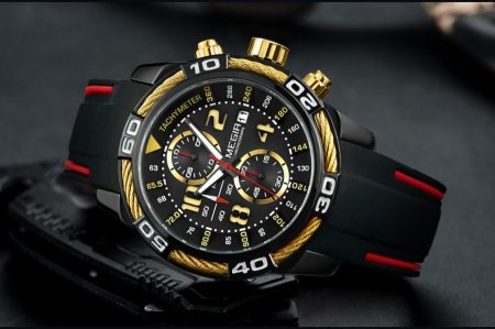 Megir Wrist Watch Chronograph Men's Round Shape Swiss Style Silicone Strap&box